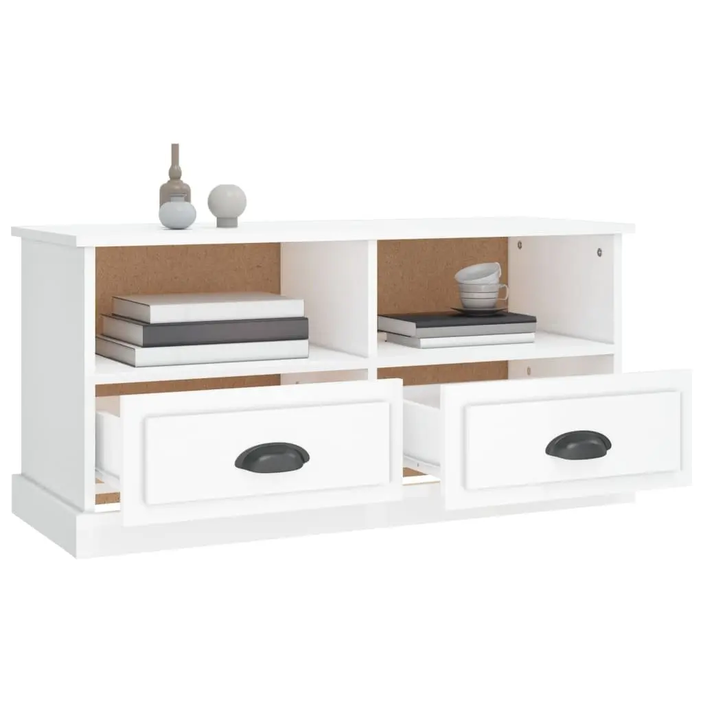 TV Cabinet White High Gloss Engineered Wood Storage Unit Drawers Compartments