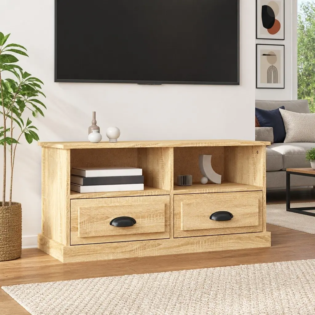 TV Cabinet Engineered Wood Brown 93 x 35.5 x 45 cm with 2 Drawers and 2 Open Compartments