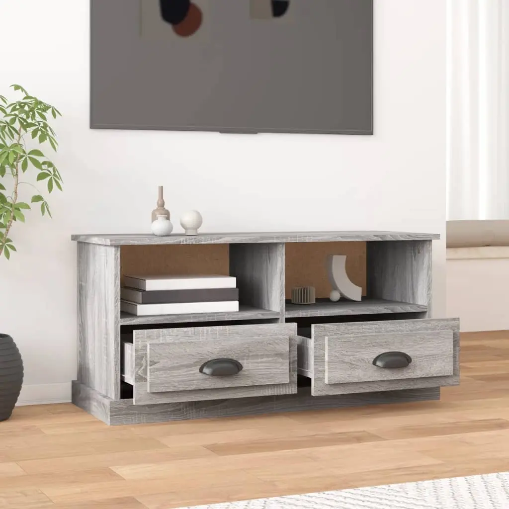 TV Cabinet Grey Sonoma Wood Storage Unit with Drawers Open Compartments Display