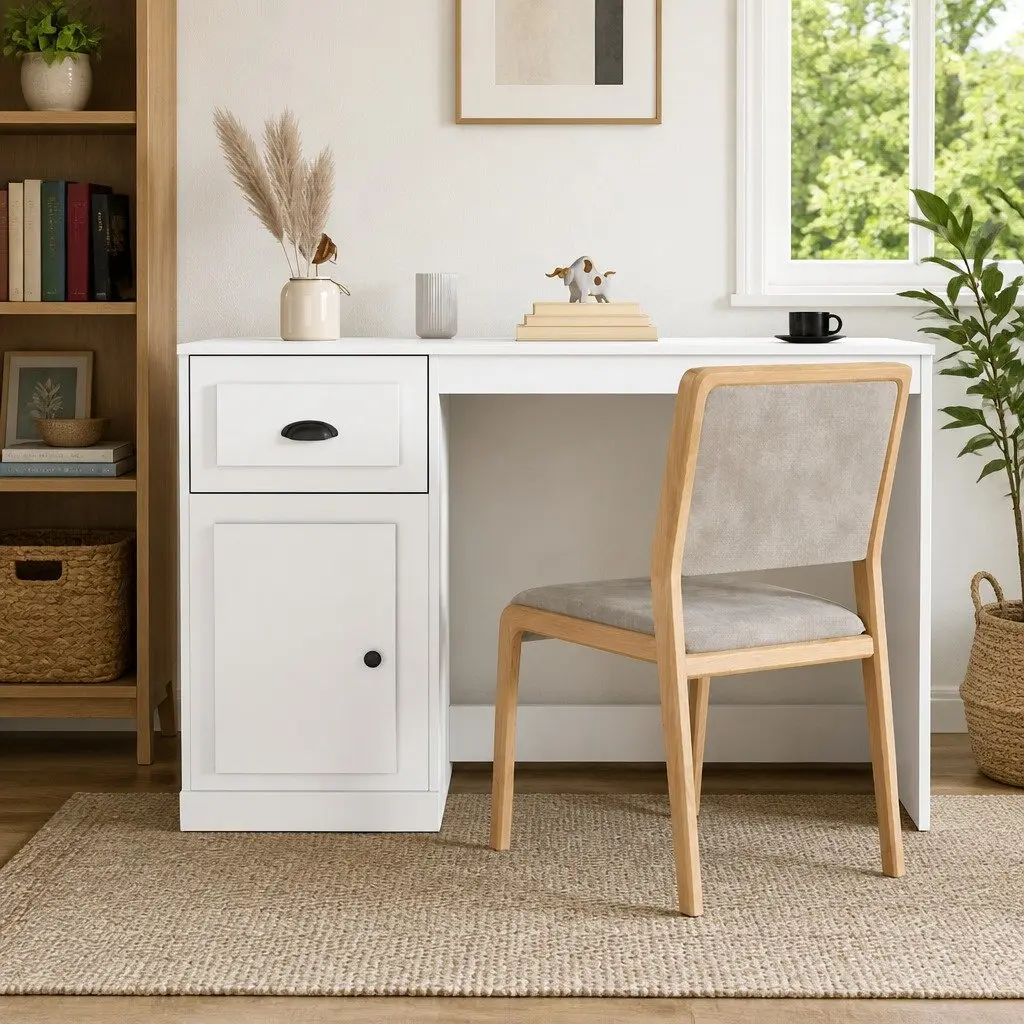 White Engineered Wood Desk with Drawer Compartment 115x50x75cm for Study Office Workspace