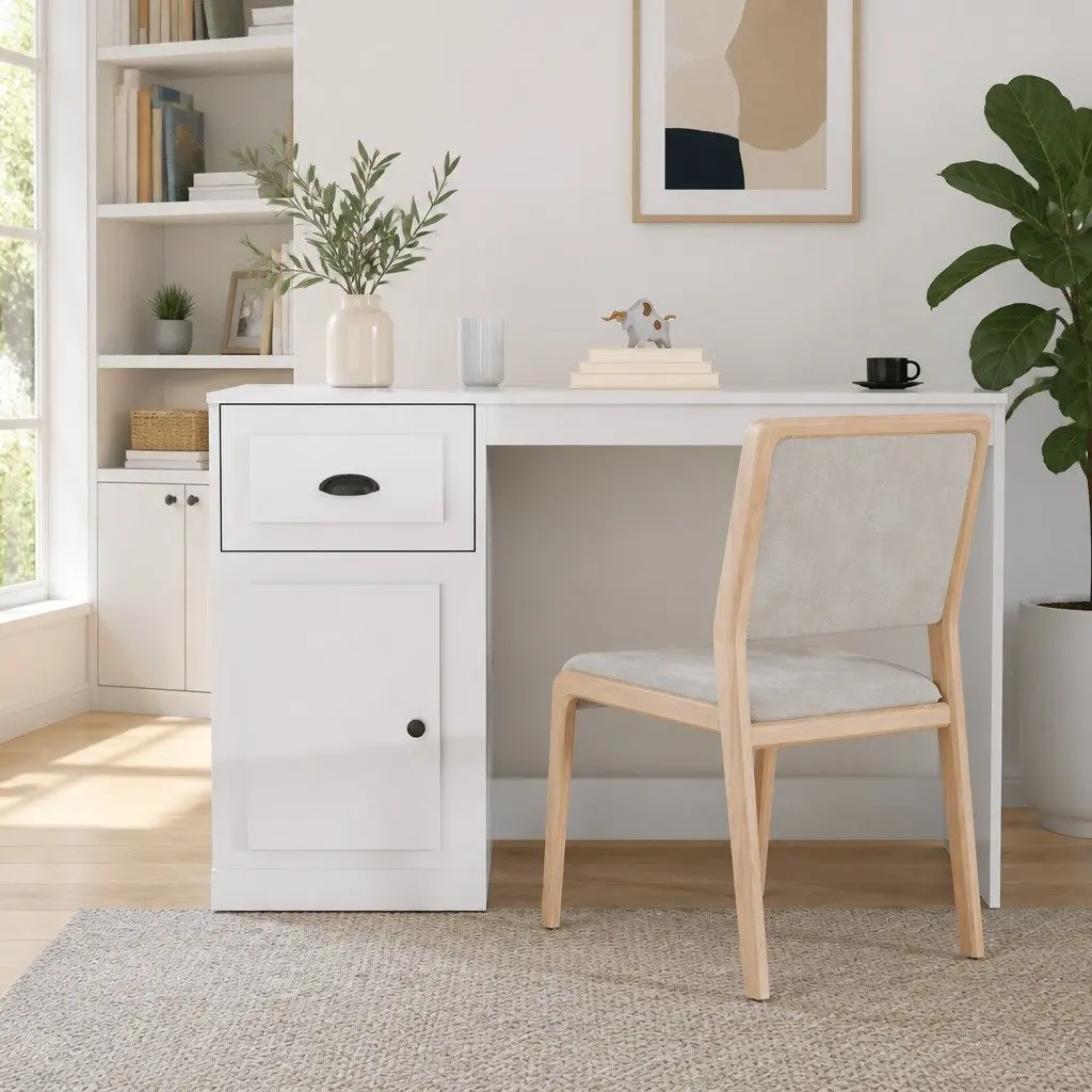White High Gloss Desk Engineered Wood 115 x 50 x 75 cm Office Study Table Storage