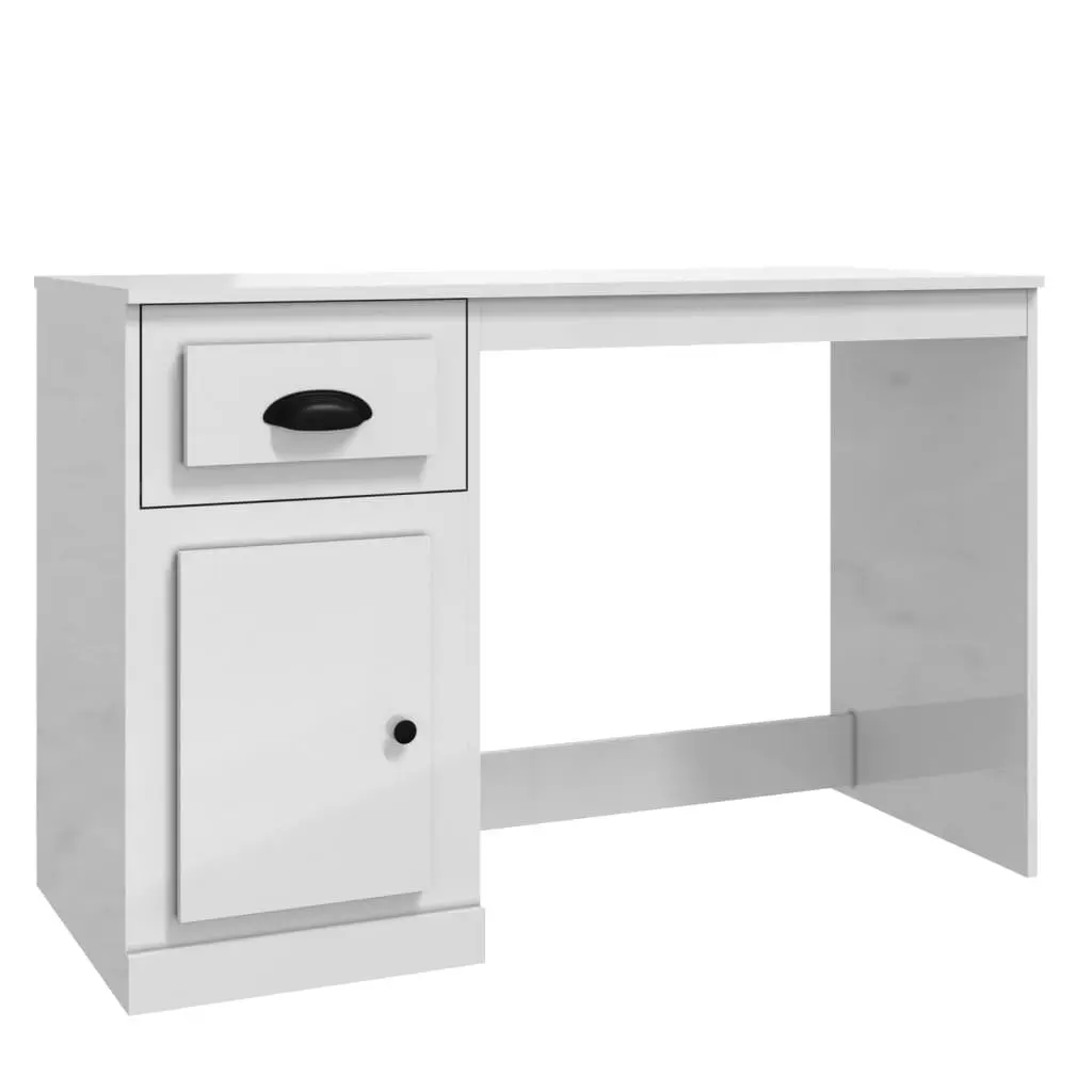 White High Gloss Desk Engineered Wood 115 x 50 x 75 cm Office Study Table Storage