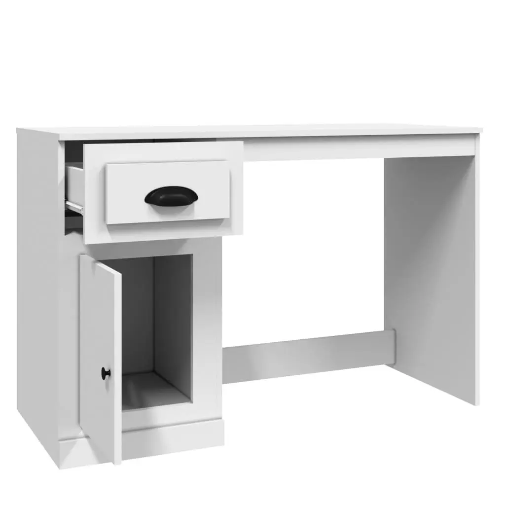 White High Gloss Desk Engineered Wood 115 x 50 x 75 cm Office Study Table Storage