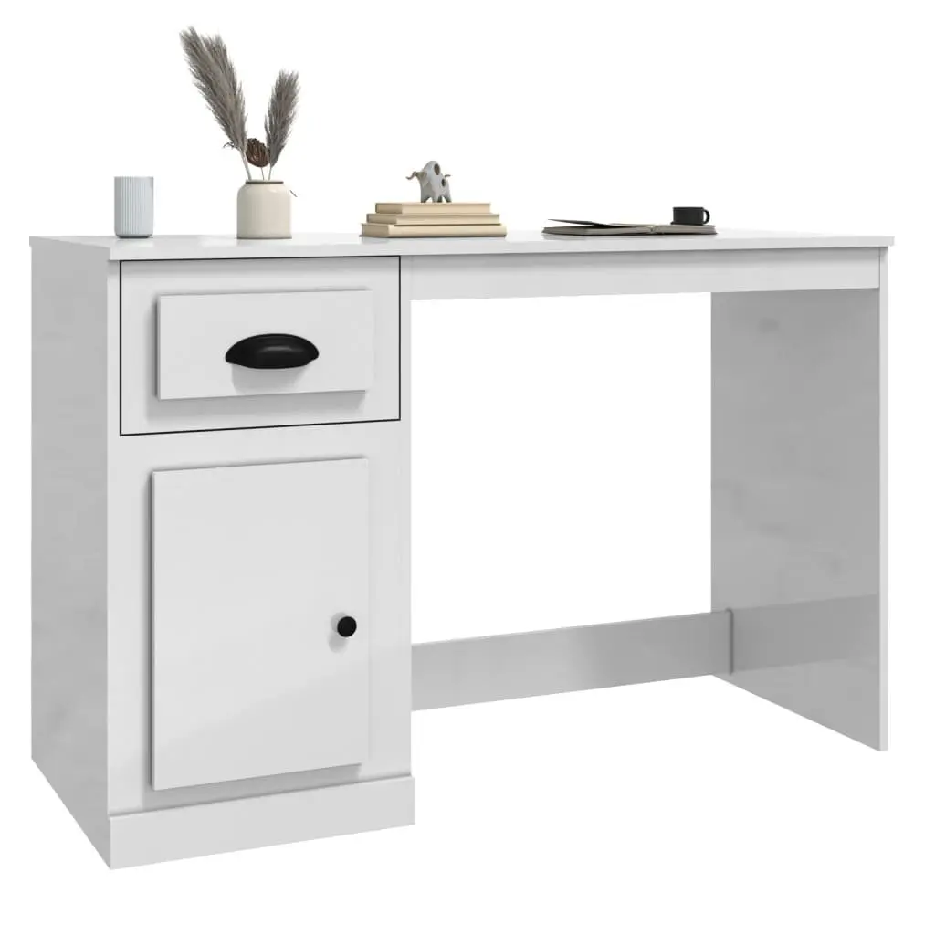 White High Gloss Desk Engineered Wood 115 x 50 x 75 cm Office Study Table Storage