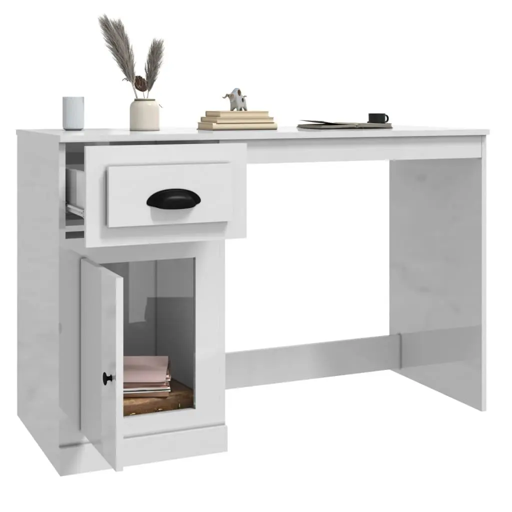 White High Gloss Desk Engineered Wood 115 x 50 x 75 cm Office Study Table Storage