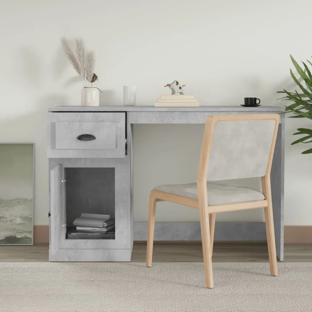 Office Desk Modern Study Table Engineered Wood Grey 115x50x75cm with Drawer and Storage Compartment