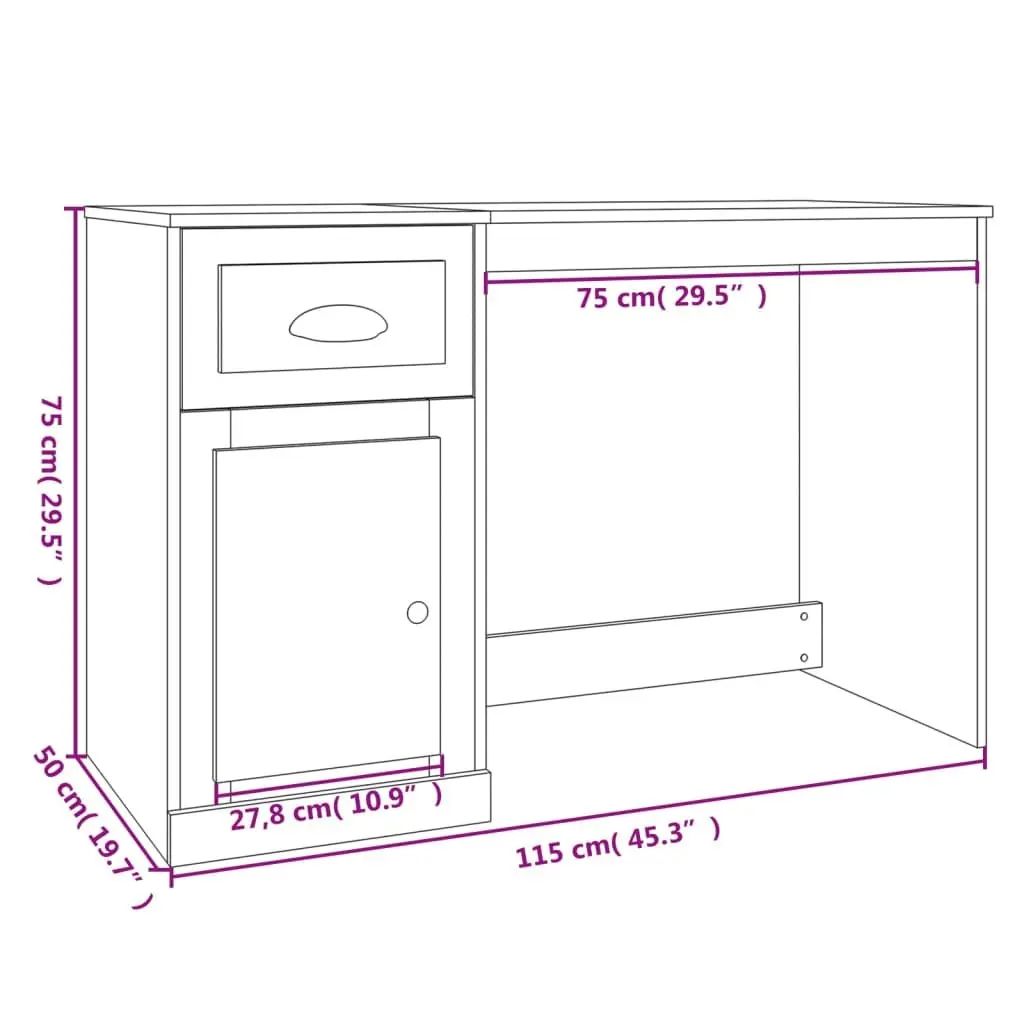 Office Desk Modern Study Table Engineered Wood Grey 115x50x75cm with Drawer and Storage Compartment