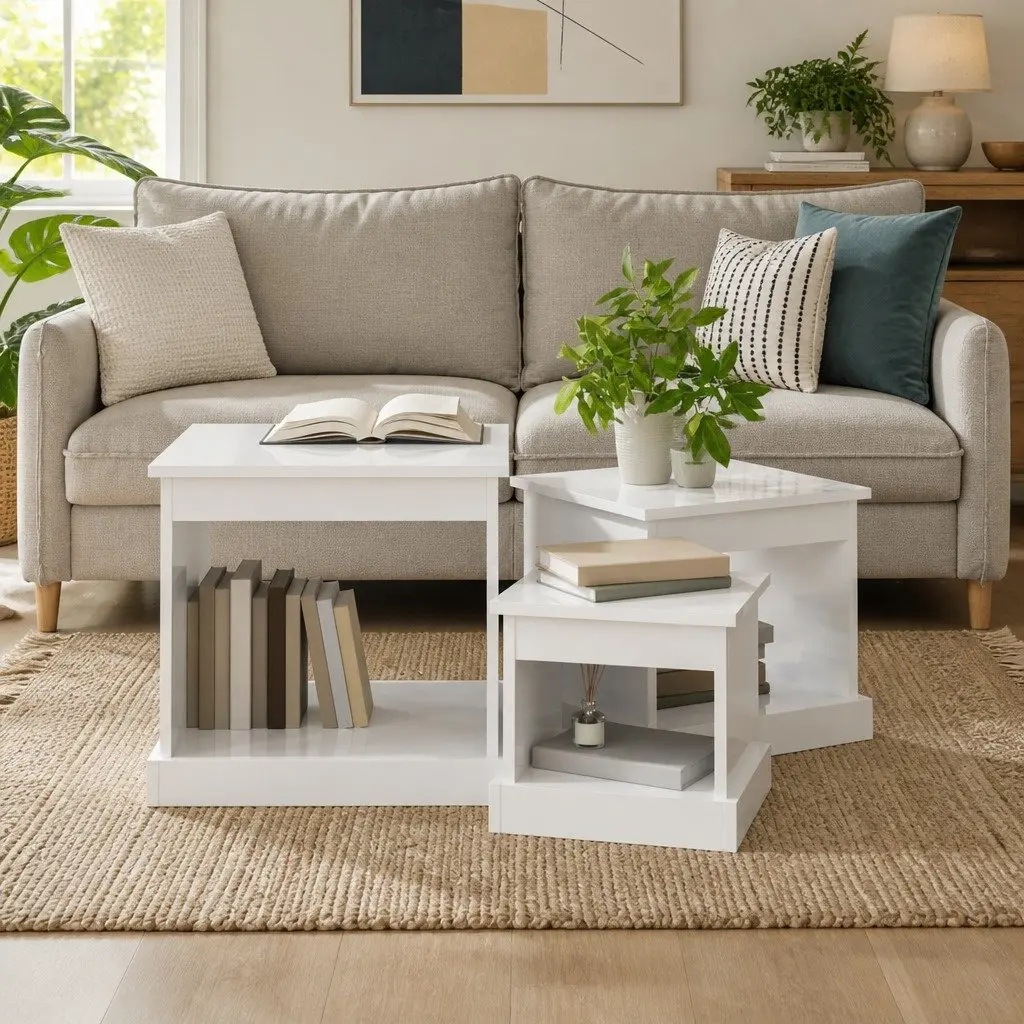 Coffee Table Set Engineered Wood High Gloss White 3 Piece Nesting Living Room
