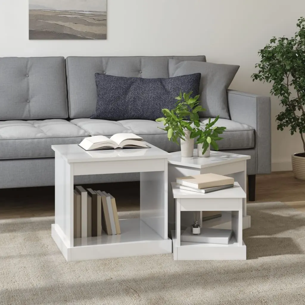Coffee Table Set Engineered Wood High Gloss White 3 Piece Nesting Living Room
