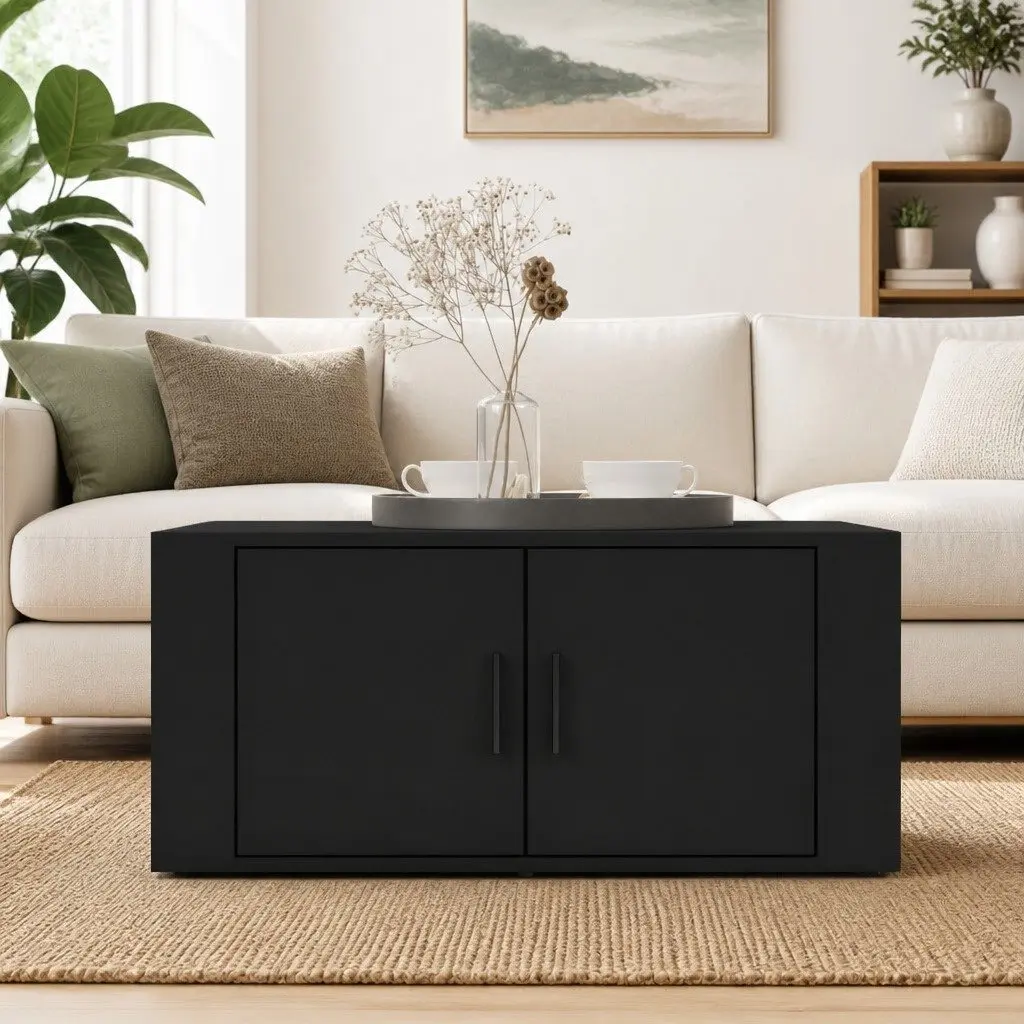 Black Coffee Table Engineered Wood 80x50x36cm Living Room Storage Compartments