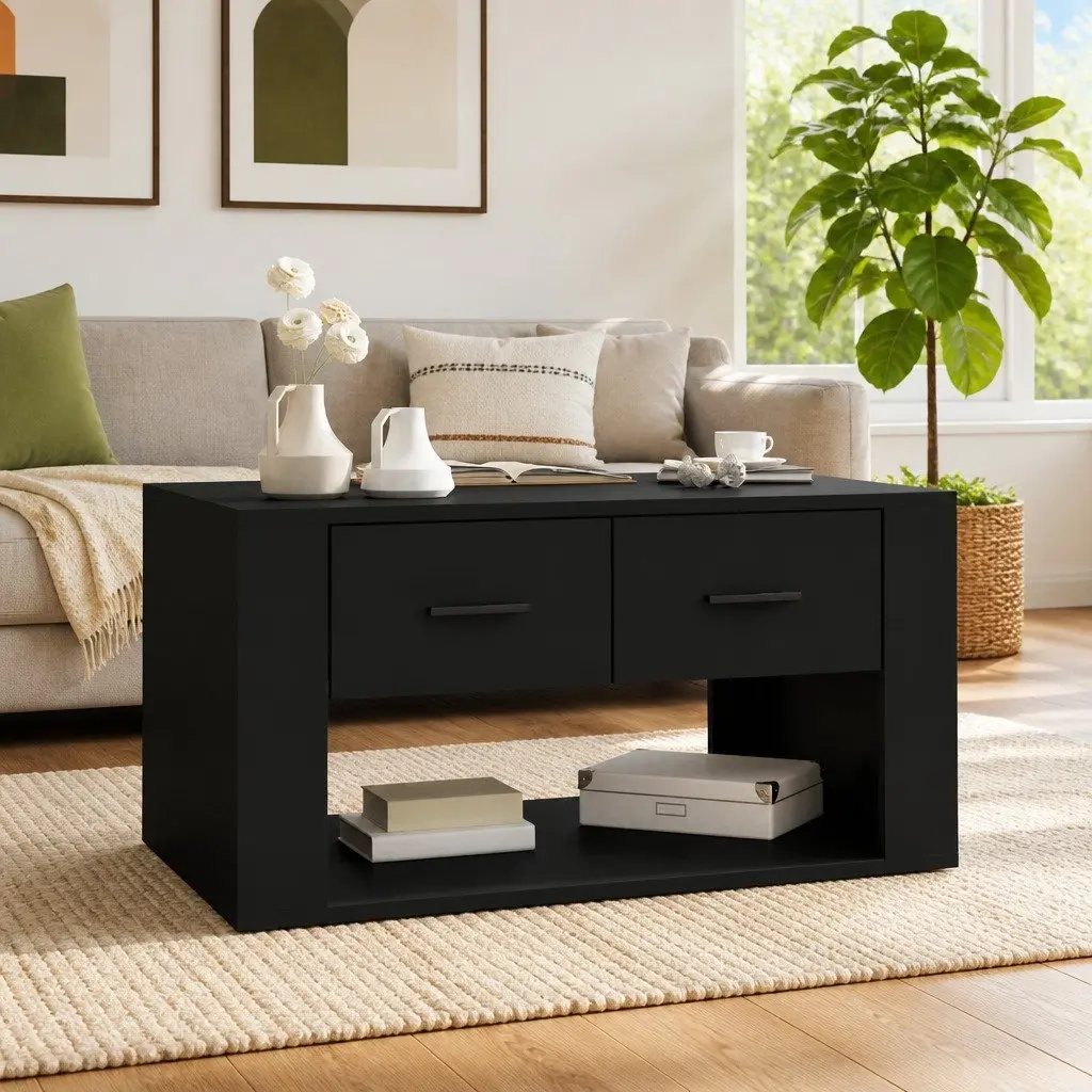 Coffee Table Engineered Wood 80x50x40 cm Black with 2 Storage Drawers