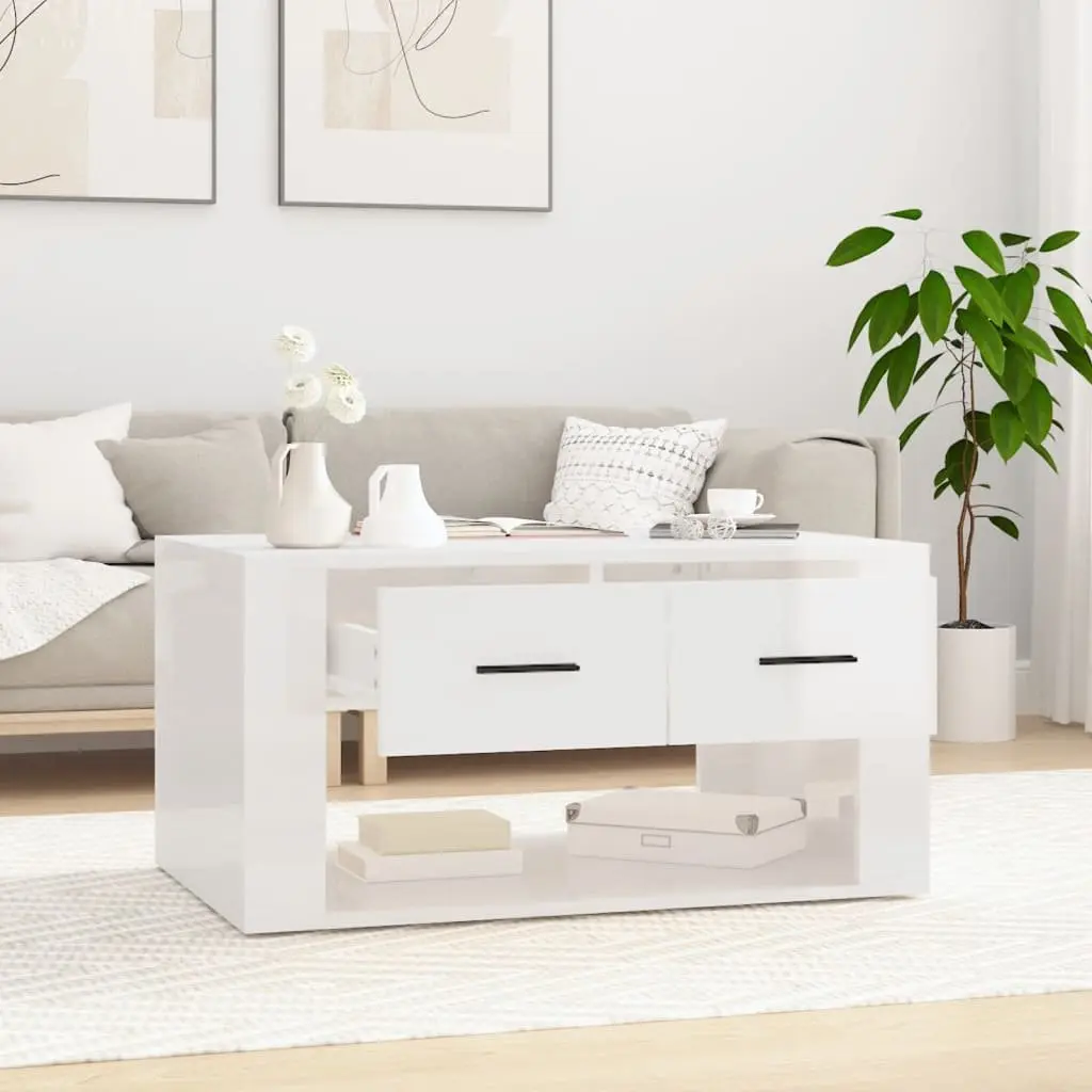 Coffee Table High Gloss White with 2 Drawers Storage Living Room Accent