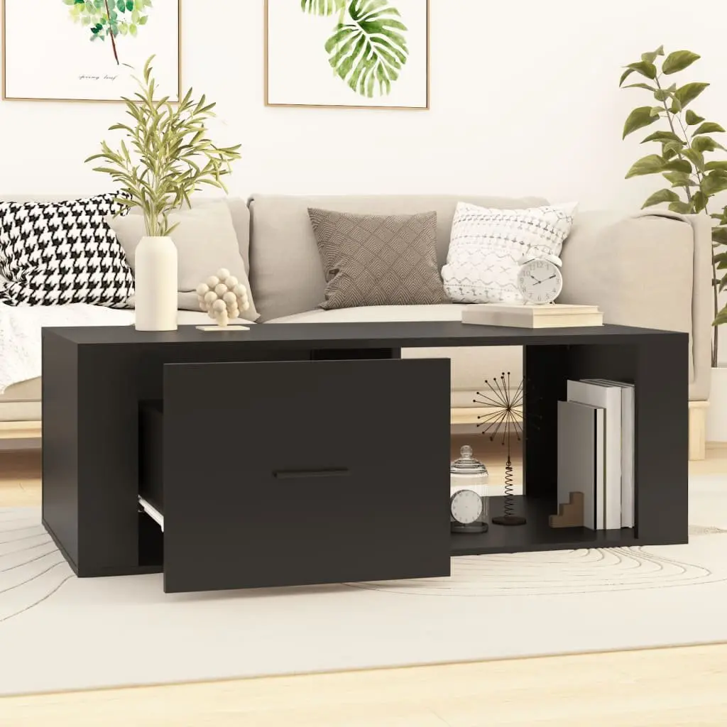 Black Coffee Table Engineered Wood Open Compartment Storage Drawer Living Room Furniture 100x50.5x35cm