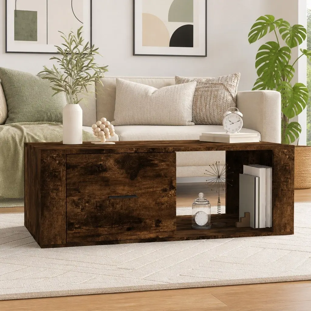 Coffee Table Engineered Wood Brown 100 x 50.5 x 35 cm with Storage Drawer Open Compartment