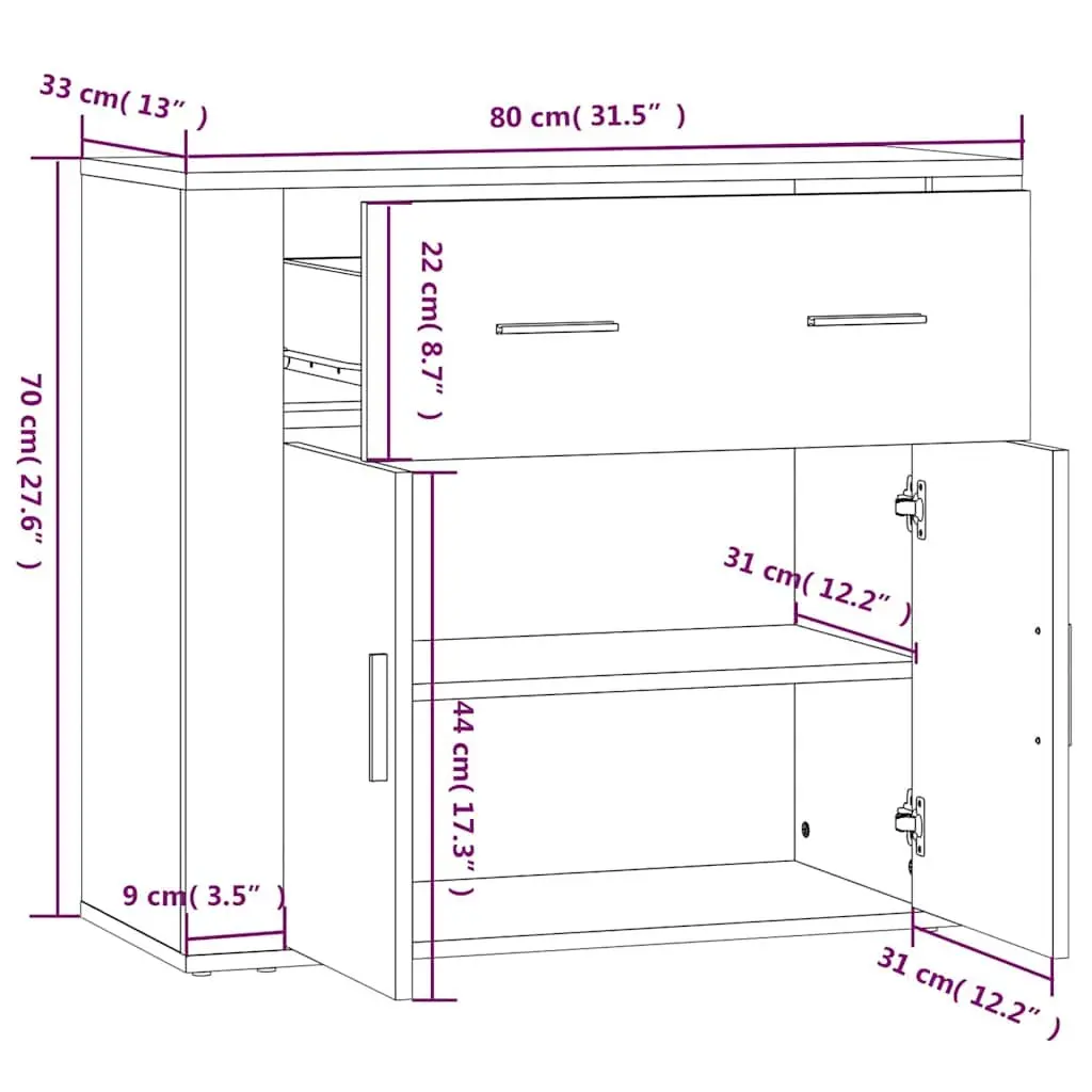 Grey Storage Sideboard Cabinet Engineered Wood 80x33x70cm with Doors and Drawers