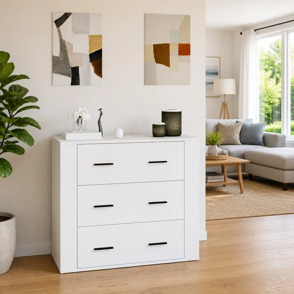 Engineered Wood Sideboard Cabinet White 80x33x70cm 3 Drawers Storage Buffet