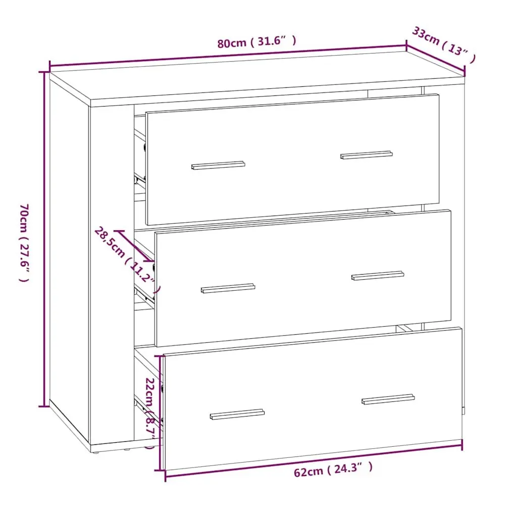 Engineered Wood Sideboard Cabinet White 80x33x70cm 3 Drawers Storage Buffet