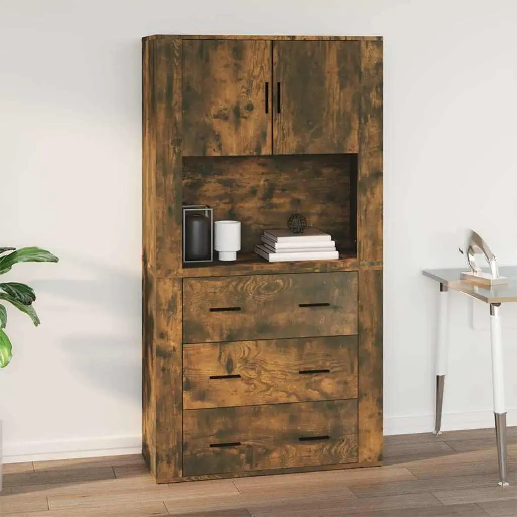Wall Cabinet Storage Smoked Oak Engineered Wood 80cm Width 33cm Depth 80cm Height Wall-Mounted Organiser