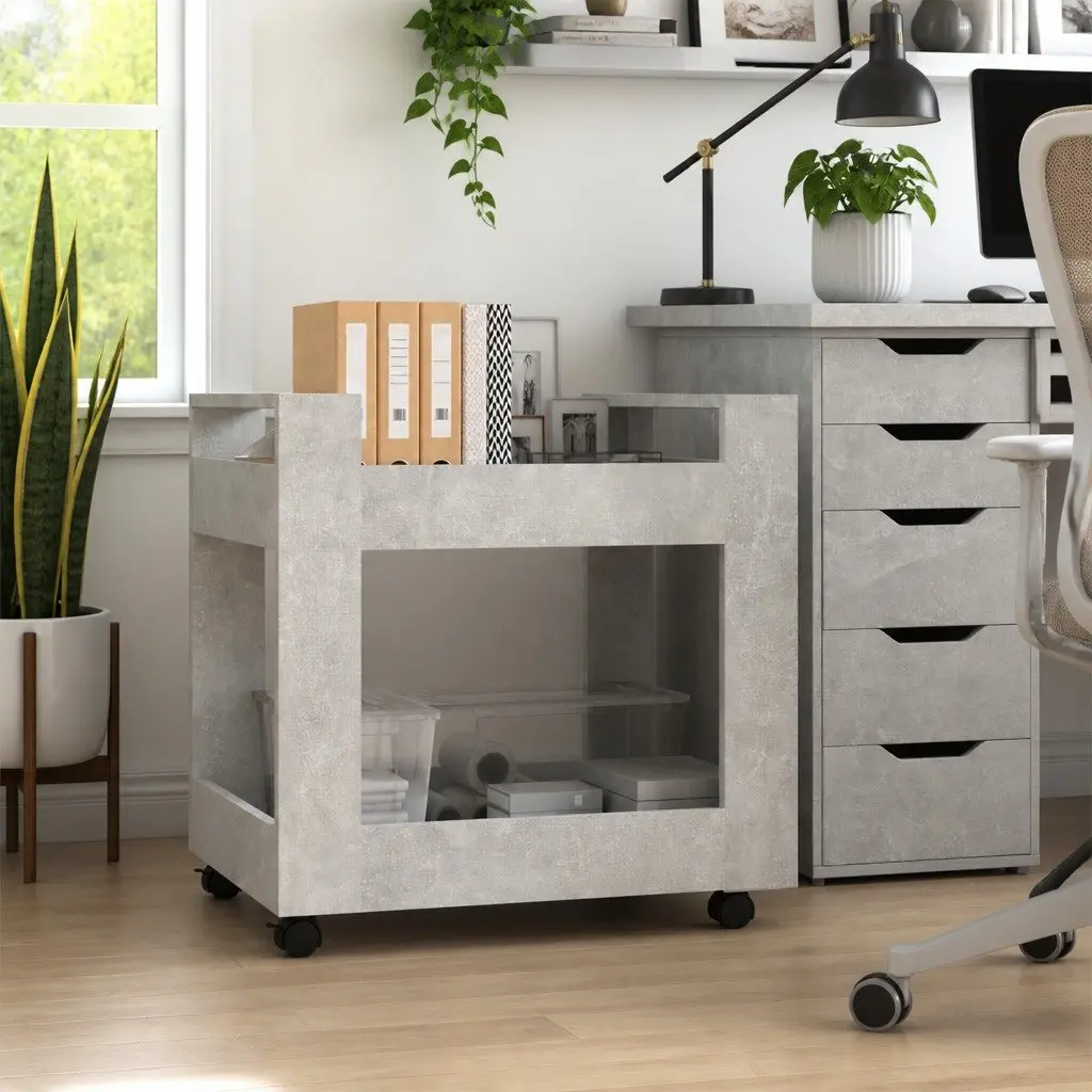Storage Cart Grey Engineered Wood 60x45x60cm with Two Open Shelves and Four Castors for Organizing Office Supplies and Everyday Items