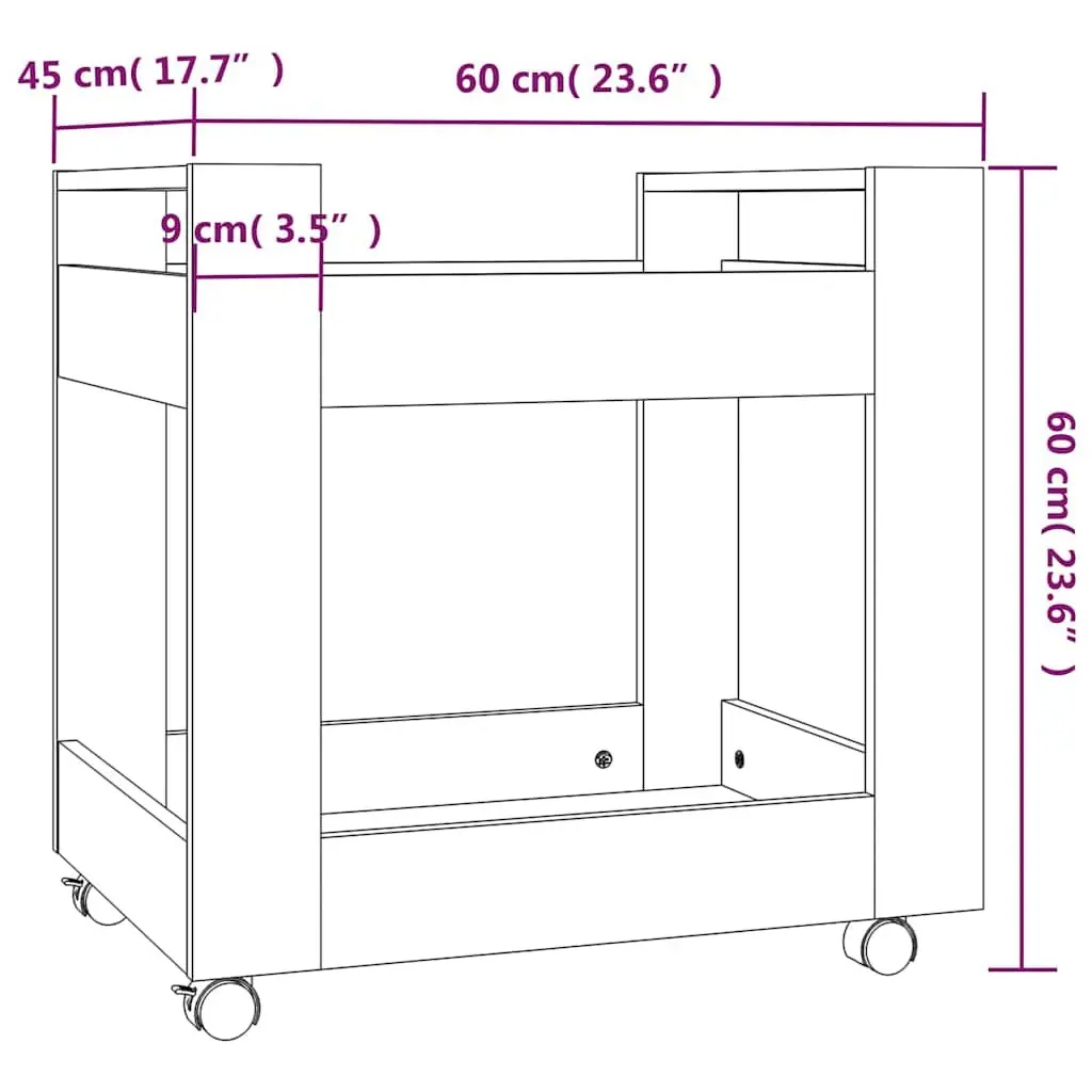 Storage Cart Grey Engineered Wood 60x45x60cm with Two Open Shelves and Four Castors for Organizing Office Supplies and Everyday Items