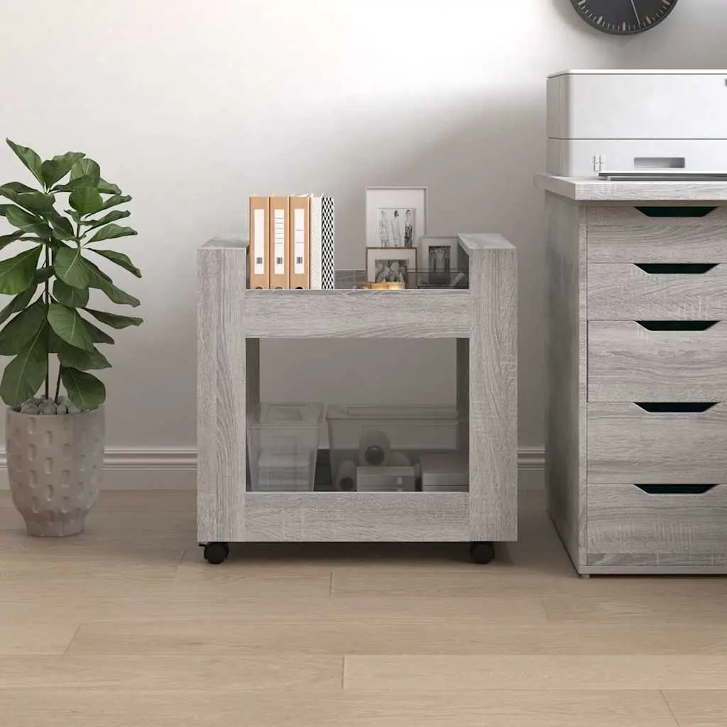 Desk Trolley Engineered Wood 60 x 45 x 60 cm Grey Sonoma 2 Shelf Rolling Casters Mobile Office