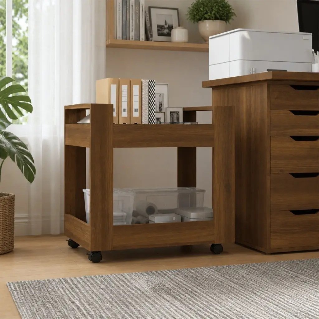 Desk Trolley Engineered Wood 60x45x60 cm Brown with 2 Open Shelves and Rolling Castors
