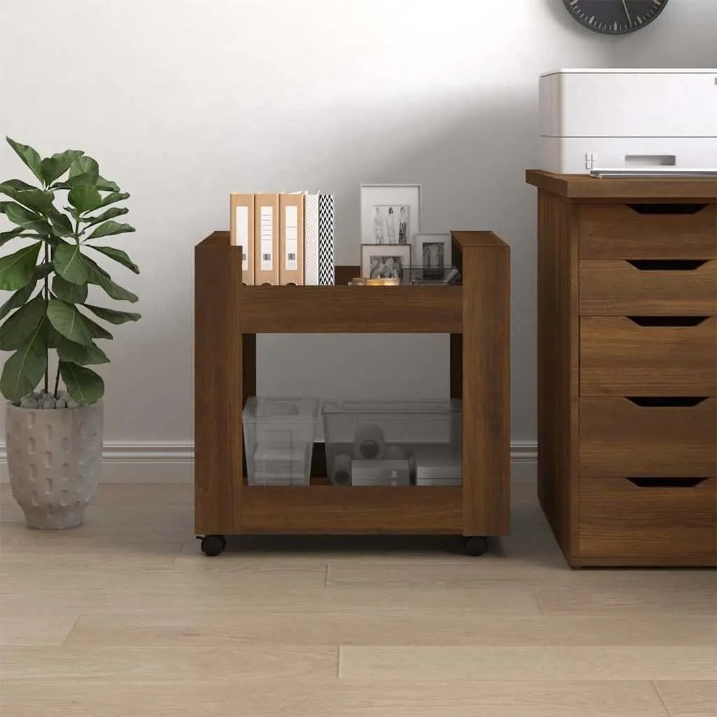 Desk Trolley Engineered Wood 60x45x60 cm Brown with 2 Open Shelves and Rolling Castors