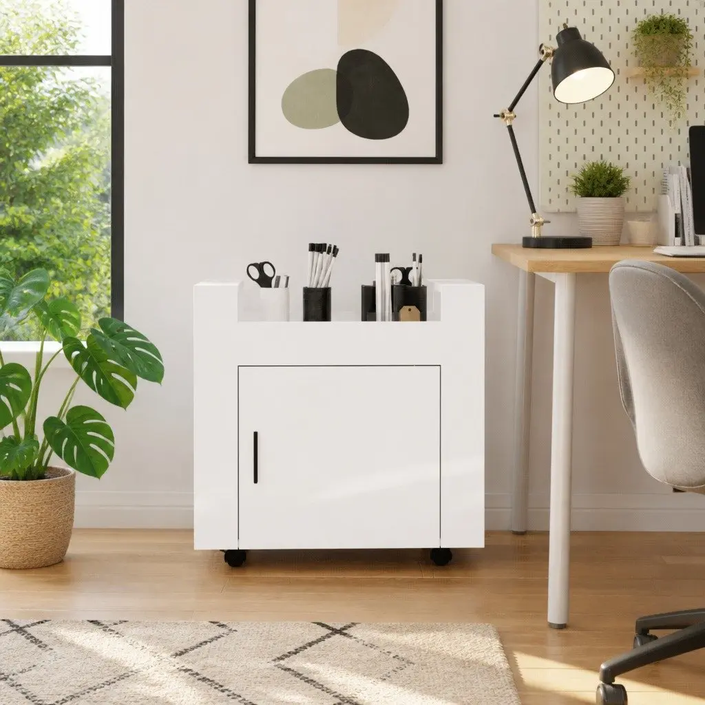 Mobile Storage Cart Engineered Wood White Gloss 60x45x60cm with Door and Casters