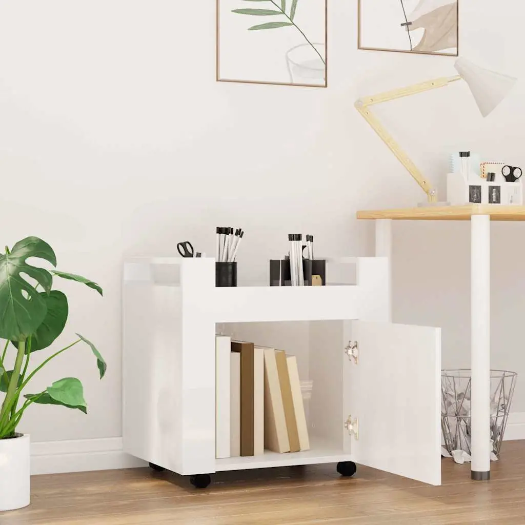 Mobile Storage Cart Engineered Wood White Gloss 60x45x60cm with Door and Casters