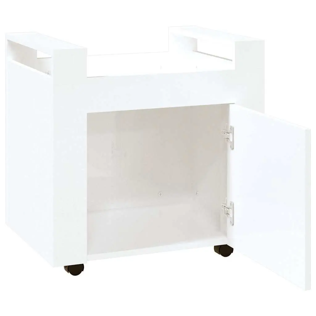 Mobile Storage Cart Engineered Wood White Gloss 60x45x60cm with Door and Casters