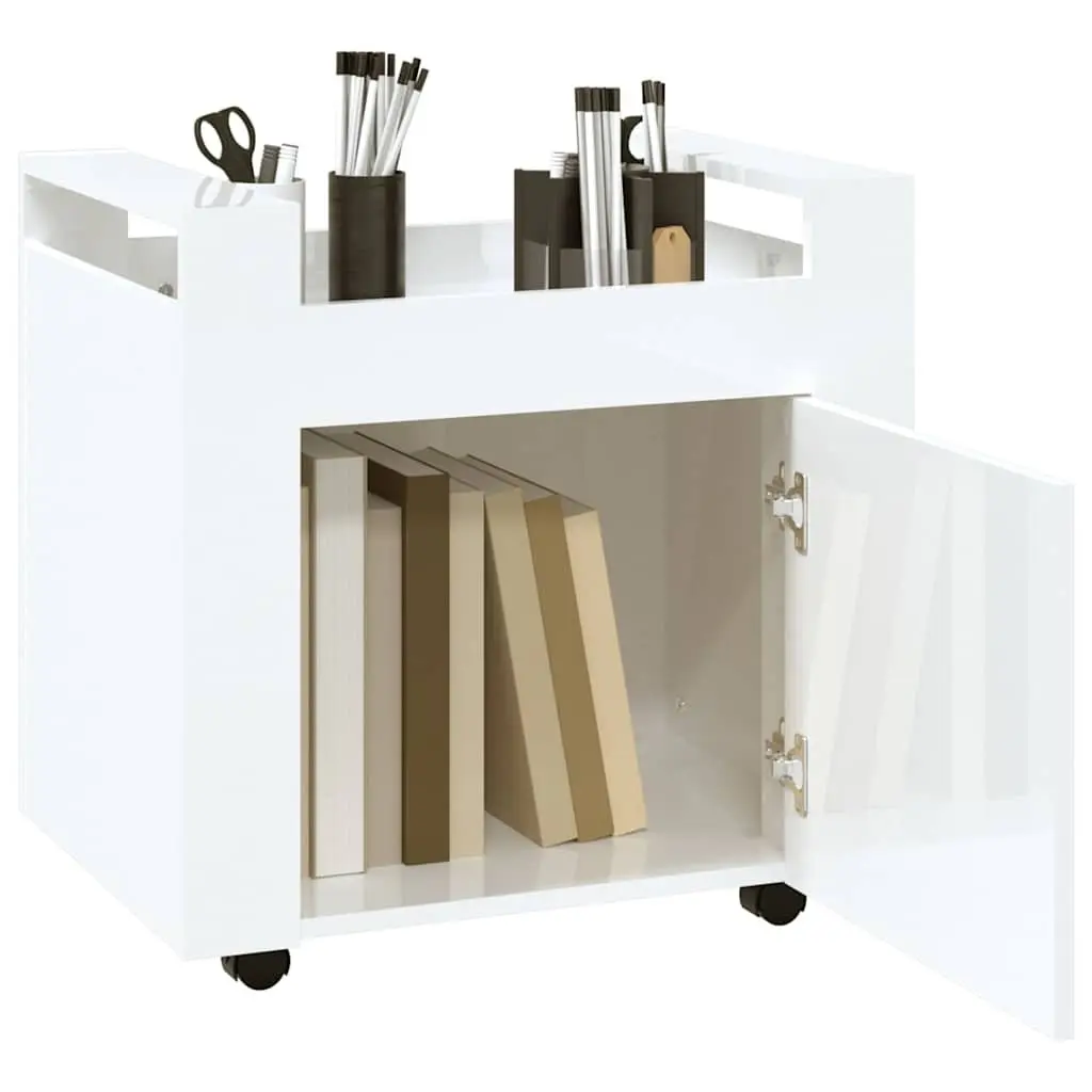 Mobile Storage Cart Engineered Wood White Gloss 60x45x60cm with Door and Casters