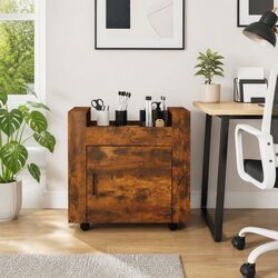 Desk Trolley with Door and Casters Brown Engineered Wood Office Storage Unit