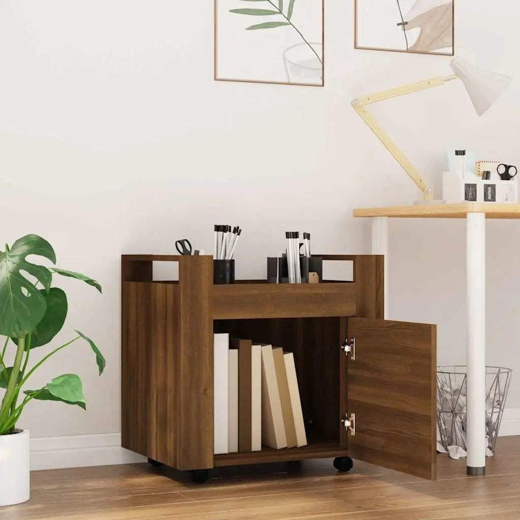 Desk Trolley Engineered Wood 60L x 45W x 60H cm Brown Oak Storage Cabinet on Wheels