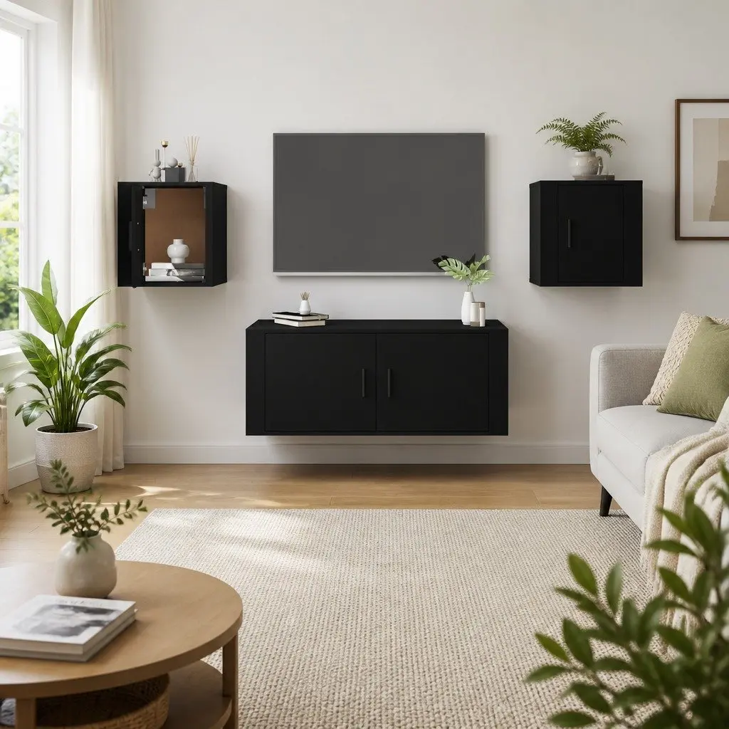 Wall Mounted TV Cabinet Media Display Shelves Engineered Wood Black 40x34.5x40cm 2 Piece