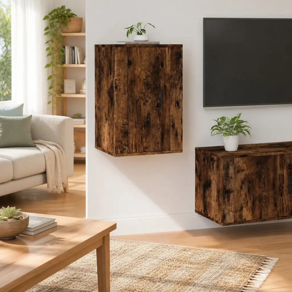 Wall Mounted Media Storage Unit Floating Cupboard Engineered Wood Brown Smoked Oak 40x34.5x60cm