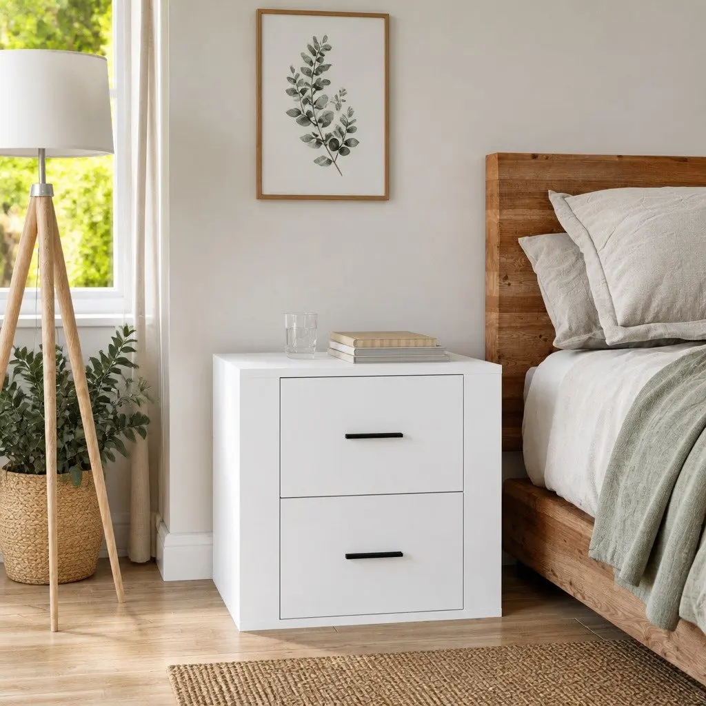 Bedside Cabinet Engineered Wood Compact White Storage Nightstand