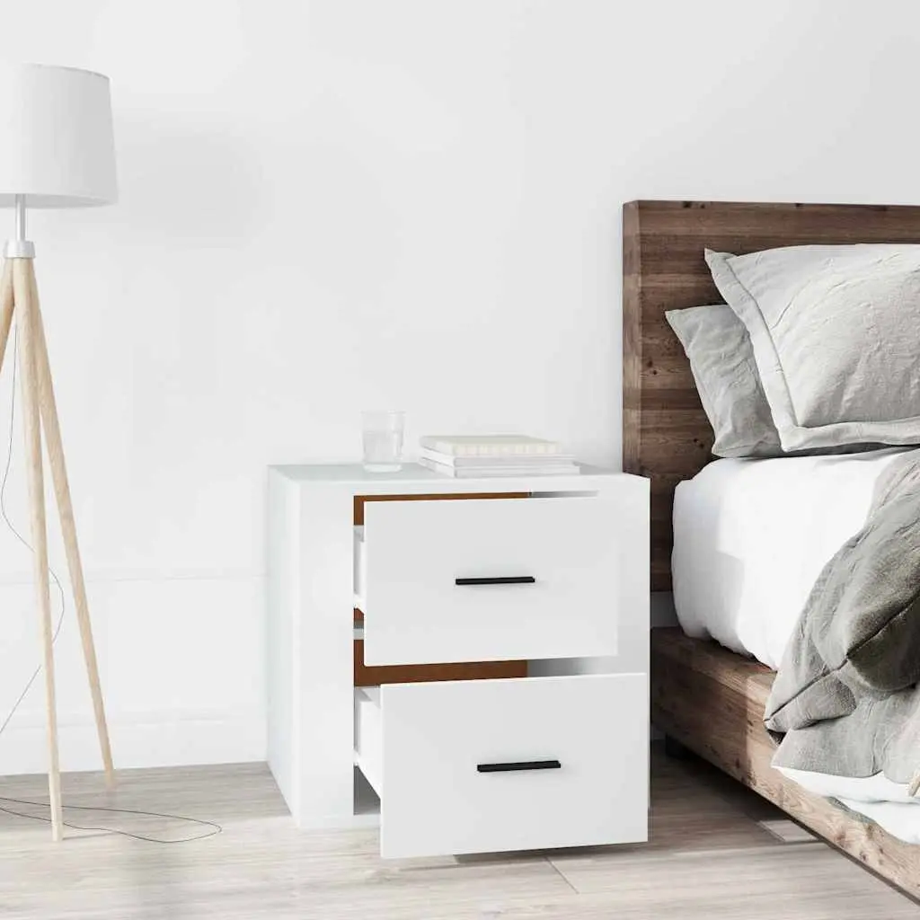 Bedside Cabinet Engineered Wood Compact White Storage Nightstand