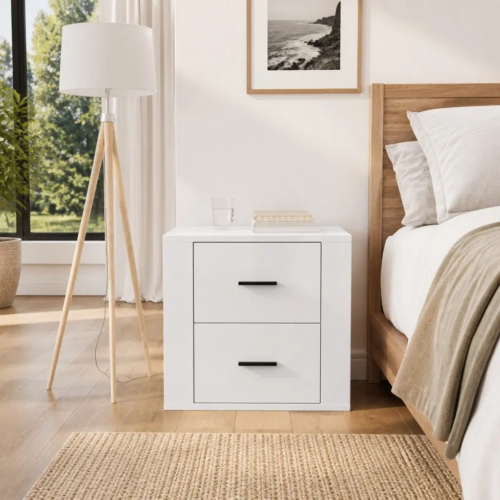 Bedside Table Engineered Wood 50W x 39D x 47H cm High Gloss White Nightstand