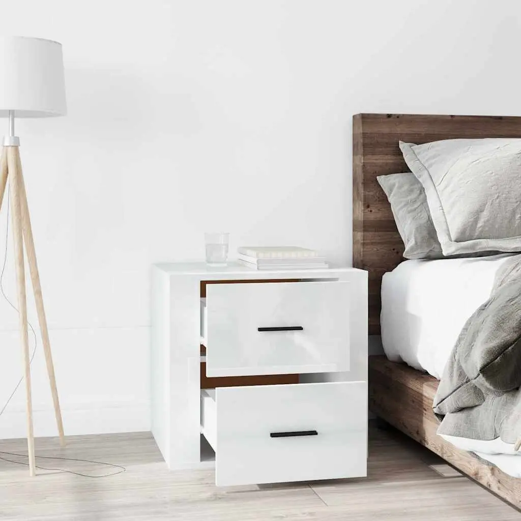 Bedside Table Engineered Wood 50W x 39D x 47H cm High Gloss White Nightstand