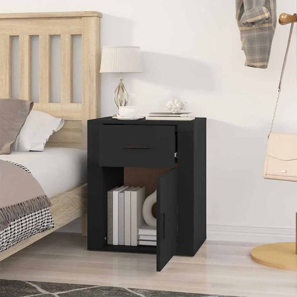 Bedside Cabinet Engineered Wood 50x36x60cm Black Nightstand Storage Drawer Door Compartment