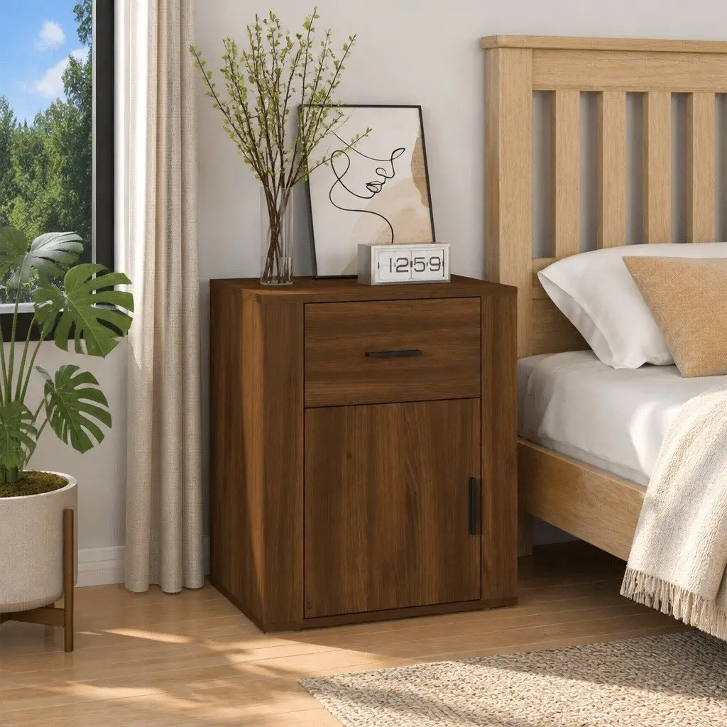 Bedside Table Engineered Wood Brown Oak 50x36x60 cm Nightstand with Drawer and Door Compartment
