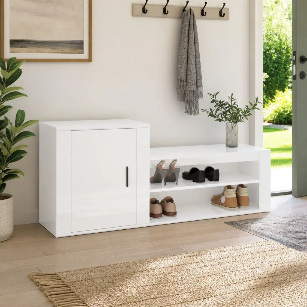 Shoe Cabinet Engineered Wood 130cm White High Gloss Storage Cupboard Door Organiser