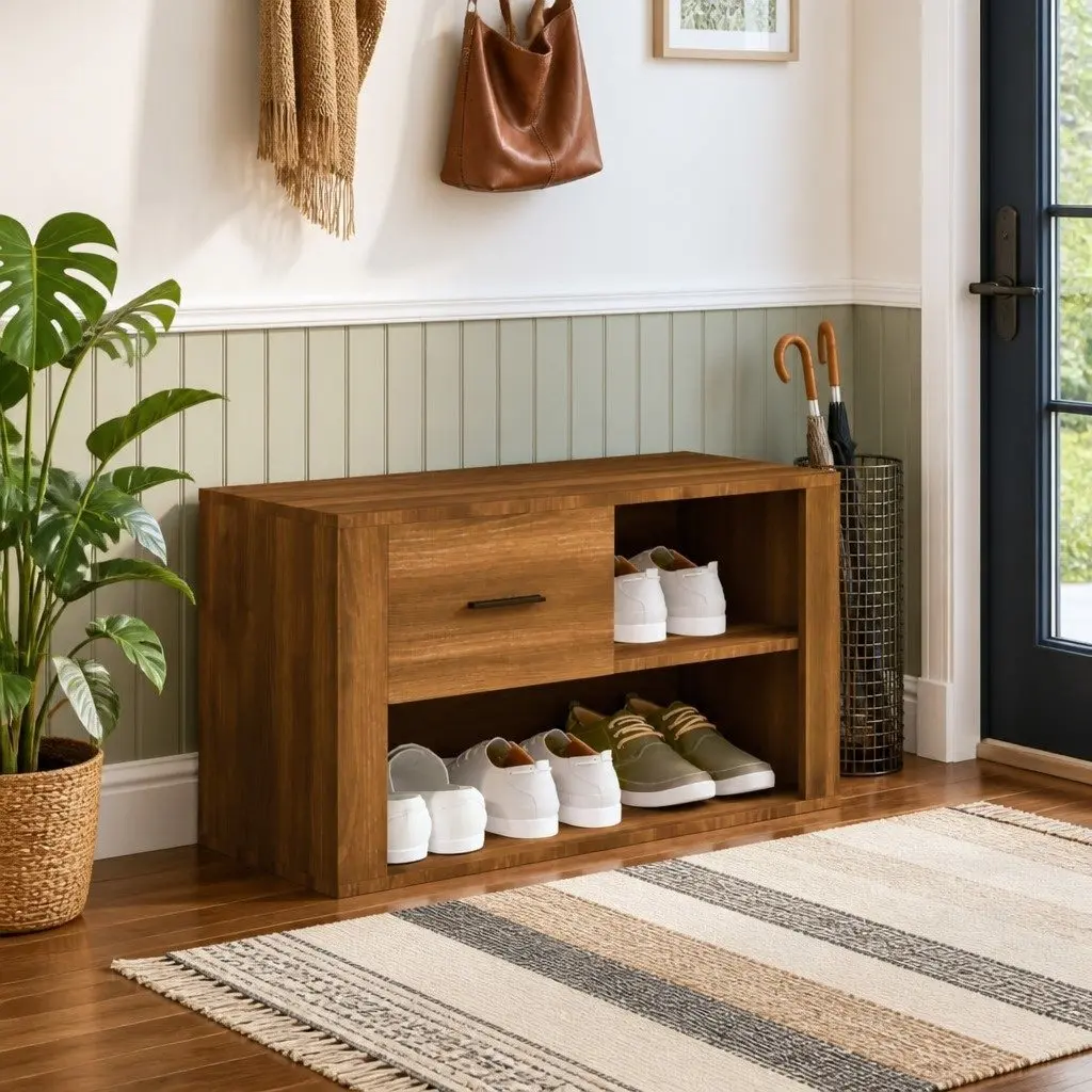 Shoe Storage Organiser Engineered Wood Brown 80x35x45 cm with 2 Compartments and Drawer