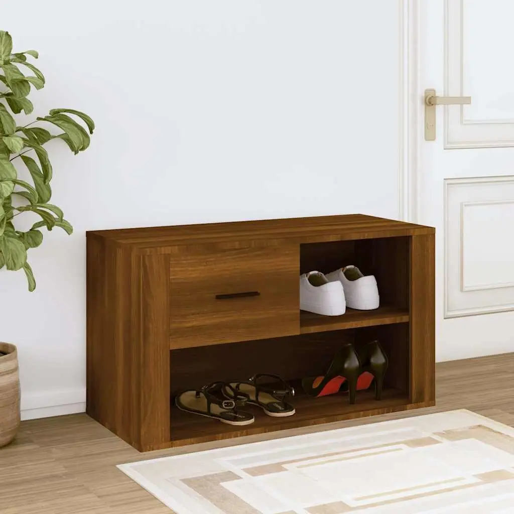 Shoe Storage Organiser Engineered Wood Brown 80x35x45 cm with 2 Compartments and Drawer