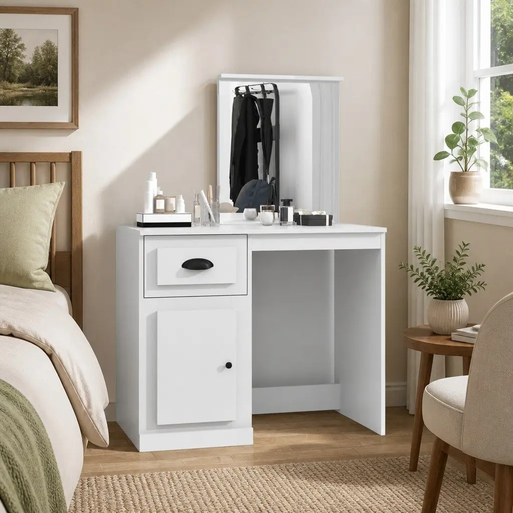 Dressing Table White Engineered Wood 90x50cm Integrated Mirror Storage Vanity Unit