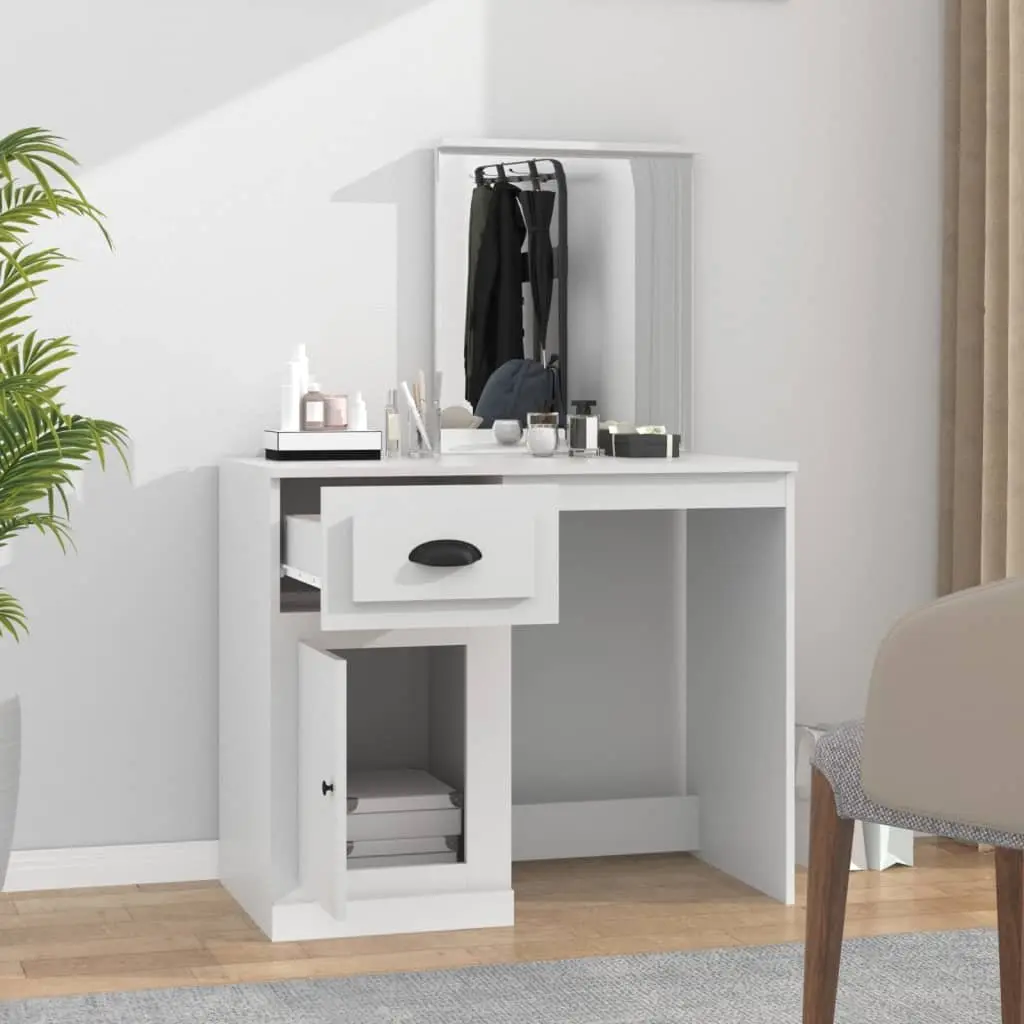 Dressing Table White Engineered Wood 90x50cm Integrated Mirror Storage Vanity Unit
