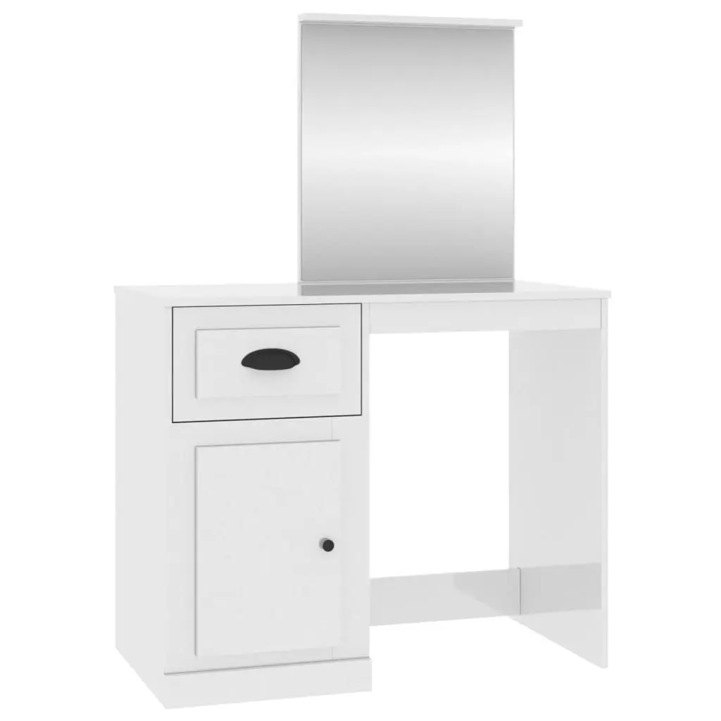 Dressing Table Vanity Unit with Mirror Engineered Wood White High Gloss Storage 90x50x1325cm