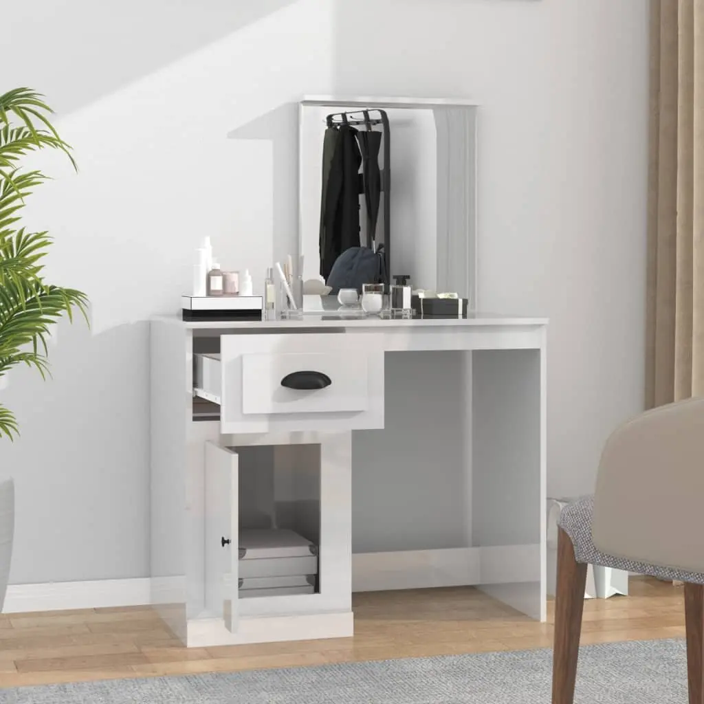 Dressing Table Vanity Unit with Mirror Engineered Wood White High Gloss Storage 90x50x1325cm