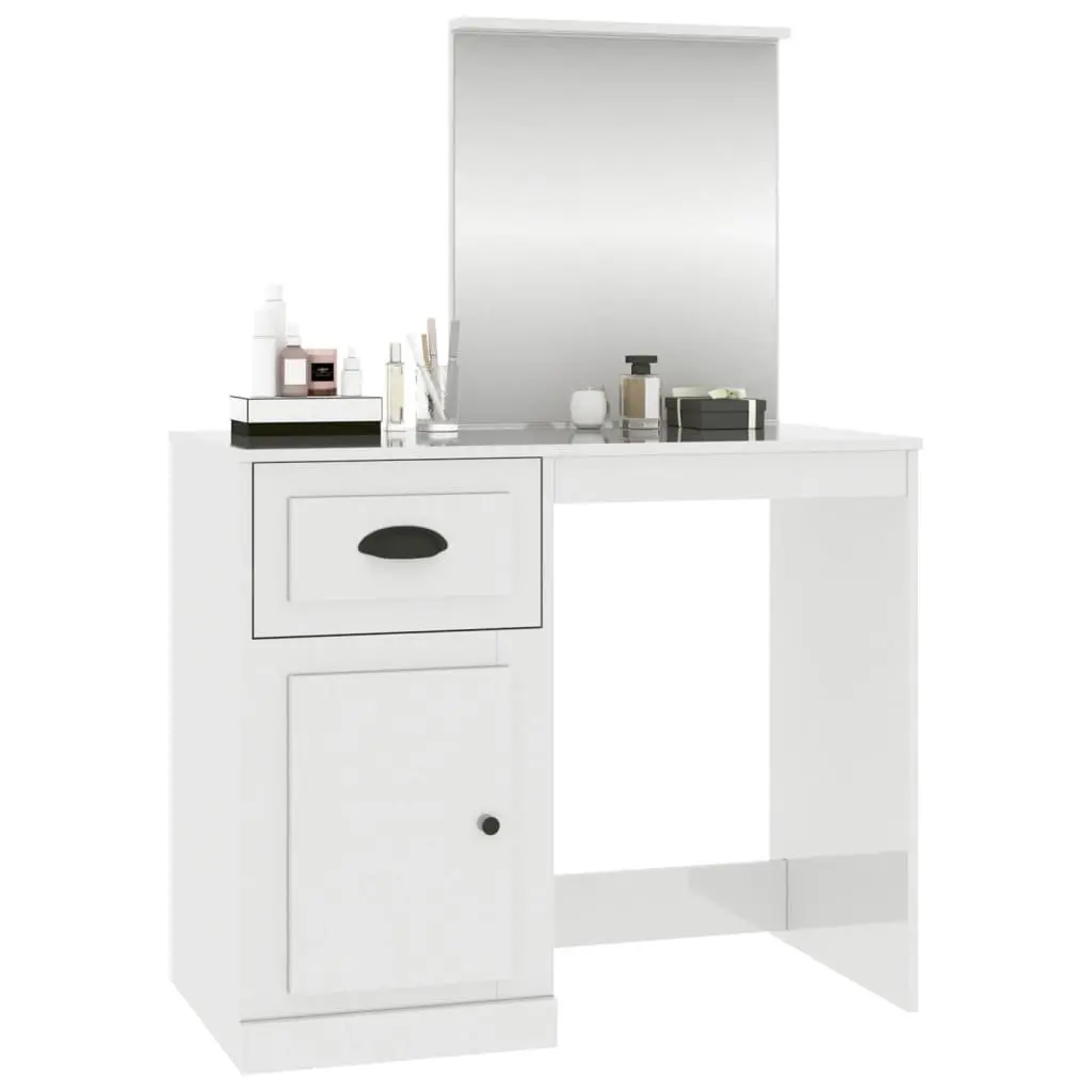 Dressing Table Vanity Unit with Mirror Engineered Wood White High Gloss Storage 90x50x1325cm