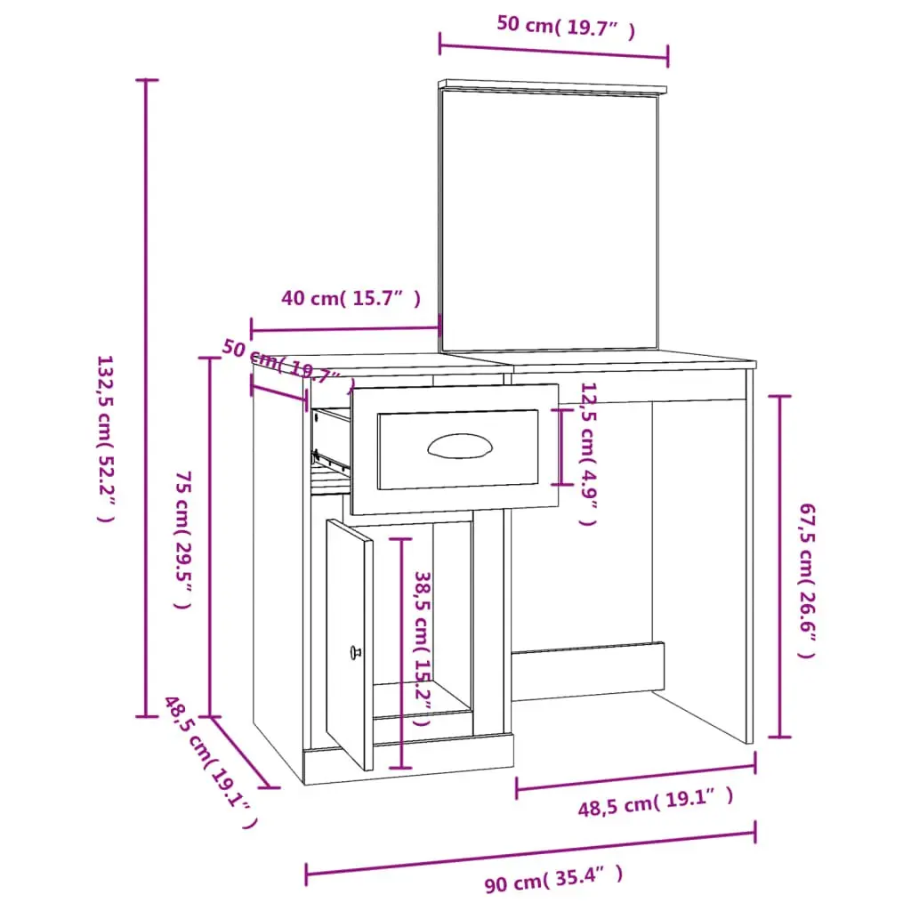 Dressing Table Vanity Unit with Mirror Engineered Wood White High Gloss Storage 90x50x1325cm